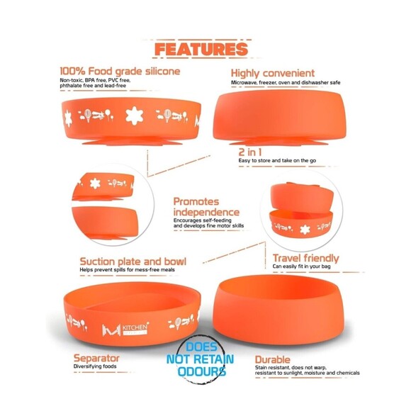 Baby Bowl & Divided Plate with Stay Put Extra Suction - Orange - Picture 3 of 9